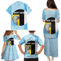 Saint Lucia Graphic Parrot Family Matching Puletasi and Hawaiian Shirt with Tribal Pattern and Minimalist Blue Black Design - Wonder Print Shop