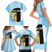 Saint Lucia Graphic Parrot Family Matching Short Sleeve Bodycon Dress and Hawaiian Shirt with Tribal Pattern and Minimalist Blue Black Design - Wonder Print Shop