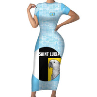 Saint Lucia Graphic Parrot Family Matching Short Sleeve Bodycon Dress and Hawaiian Shirt with Tribal Pattern and Minimalist Blue Black Design - Wonder Print Shop