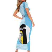 Saint Lucia Graphic Parrot Family Matching Short Sleeve Bodycon Dress and Hawaiian Shirt with Tribal Pattern and Minimalist Blue Black Design - Wonder Print Shop
