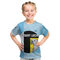 Saint Lucia Graphic Parrot Kid T Shirt with Tribal Pattern and Minimalist Blue Black Design - Wonder Print Shop