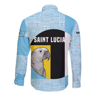 Saint Lucia Graphic Parrot Long Sleeve Button Shirt with Tribal Pattern and Minimalist Blue Black Design - Wonder Print Shop