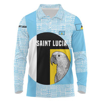 Saint Lucia Graphic Parrot Long Sleeve Polo Shirt with Tribal Pattern and Minimalist Blue Black Design - Wonder Print Shop