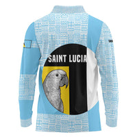 Saint Lucia Graphic Parrot Long Sleeve Polo Shirt with Tribal Pattern and Minimalist Blue Black Design - Wonder Print Shop