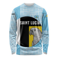 Saint Lucia Graphic Parrot Long Sleeve Shirt with Tribal Pattern and Minimalist Blue Black Design - Wonder Print Shop