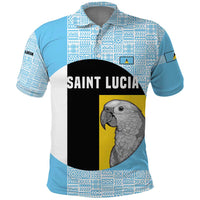 Saint Lucia Graphic Parrot Polo Shirt with Tribal Pattern and Minimalist Blue Black Design - Wonder Print Shop