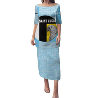 Saint Lucia Graphic Parrot Puletasi with Tribal Pattern and Minimalist Blue Black Design - Wonder Print Shop