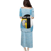 Saint Lucia Graphic Parrot Puletasi with Tribal Pattern and Minimalist Blue Black Design - Wonder Print Shop