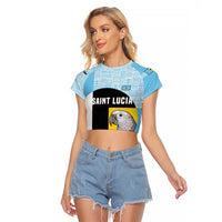 Saint Lucia Graphic Parrot Raglan Cropped T Shirt with Tribal Pattern and Minimalist Blue Black Design - Wonder Print Shop