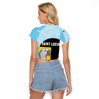 Saint Lucia Graphic Parrot Raglan Cropped T Shirt with Tribal Pattern and Minimalist Blue Black Design - Wonder Print Shop