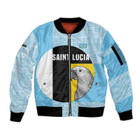 Saint Lucia Graphic Parrot Sleeve Zip Bomber Jacket with Tribal Pattern and Minimalist Blue Black Design - Wonder Print Shop