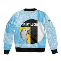 Saint Lucia Graphic Parrot Sleeve Zip Bomber Jacket with Tribal Pattern and Minimalist Blue Black Design - Wonder Print Shop