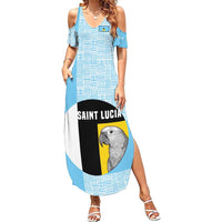 Saint Lucia Graphic Parrot Summer Maxi Dress with Tribal Pattern and Minimalist Blue Black Design - Wonder Print Shop