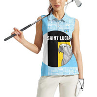 Saint Lucia Graphic Parrot Women Sleeveless Polo Shirt with Tribal Pattern and Minimalist Blue Black Design - Wonder Print Shop