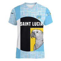 Saint Lucia Graphic Parrot Women V-Neck T-Shirt with Tribal Pattern and Minimalist Blue Black Design - Wonder Print Shop