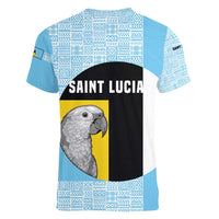 Saint Lucia Graphic Parrot Women V-Neck T-Shirt with Tribal Pattern and Minimalist Blue Black Design - Wonder Print Shop