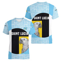 Saint Lucia Graphic Parrot Women V-Neck T-Shirt with Tribal Pattern and Minimalist Blue Black Design - Wonder Print Shop