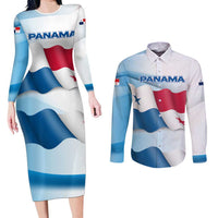 Panama Waving Flag Design Couples Matching Long Sleeve Bodycon Dress and Long Sleeve Button Shirt with Red Blue Stars and National Color Pattern - Wonder Print Shop