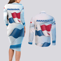 Panama Waving Flag Design Couples Matching Long Sleeve Bodycon Dress and Long Sleeve Button Shirt with Red Blue Stars and National Color Pattern - Wonder Print Shop