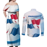 Panama Waving Flag Design Couples Matching Off Shoulder Maxi Dress and Long Sleeve Button Shirt with Red Blue Stars and National Color Pattern - Wonder Print Shop