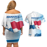 Panama Waving Flag Design Couples Matching Off Shoulder Short Dress and Hawaiian Shirt with Red Blue Stars and National Color Pattern - Wonder Print Shop