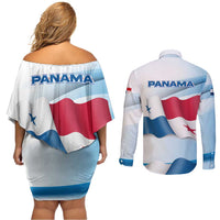 Panama Waving Flag Design Couples Matching Off Shoulder Short Dress and Long Sleeve Button Shirt with Red Blue Stars and National Color Pattern - Wonder Print Shop