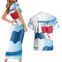 Panama Waving Flag Design Couples Matching Short Sleeve Bodycon Dress and Hawaiian Shirt with Red Blue Stars and National Color Pattern - Wonder Print Shop