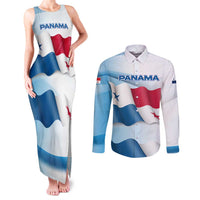 Panama Waving Flag Design Couples Matching Tank Maxi Dress and Long Sleeve Button Shirt with Red Blue Stars and National Color Pattern - Wonder Print Shop