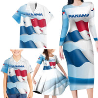 Panama Waving Flag Design Family Matching Long Sleeve Bodycon Dress and Hawaiian Shirt with Red Blue Stars and National Color Pattern - Wonder Print Shop