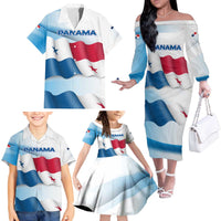 Panama Waving Flag Design Family Matching Off The Shoulder Long Sleeve Dress and Hawaiian Shirt with Red Blue Stars and National Color Pattern - Wonder Print Shop