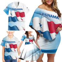Panama Waving Flag Design Family Matching Off Shoulder Short Dress and Hawaiian Shirt with Red Blue Stars and National Color Pattern - Wonder Print Shop
