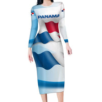 Panama Waving Flag Design Long Sleeve Bodycon Dress with Red Blue Stars and National Color Pattern - Wonder Print Shop