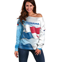 Panama Waving Flag Design Off Shoulder Sweater with Red Blue Stars and National Color Pattern - Wonder Print Shop