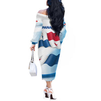 Panama Waving Flag Design Off The Shoulder Long Sleeve Dress with Red Blue Stars and National Color Pattern - Wonder Print Shop