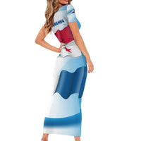 Panama Waving Flag Design Short Sleeve Bodycon Dress with Red Blue Stars and National Color Pattern - Wonder Print Shop