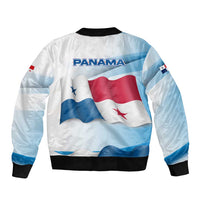 Panama Waving Flag Design Sleeve Zip Bomber Jacket with Red Blue Stars and National Color Pattern - Wonder Print Shop