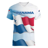 Panama Waving Flag Design Women V-Neck T-Shirt with Red Blue Stars and National Color Pattern - Wonder Print Shop