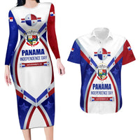 Panama Independence Day Couples Matching Long Sleeve Bodycon Dress and Hawaiian Shirt with National Coat of Arms and Red Blue Star Design - Wonder Print Shop