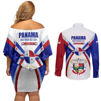 Panama Independence Day Couples Matching Off Shoulder Short Dress and Long Sleeve Button Shirt with National Coat of Arms and Red Blue Star Design - Wonder Print Shop