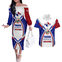 Panama Independence Day Couples Matching Off The Shoulder Long Sleeve Dress and Hawaiian Shirt with National Coat of Arms and Red Blue Star Design - Wonder Print Shop