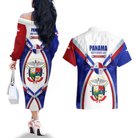 Panama Independence Day Couples Matching Off The Shoulder Long Sleeve Dress and Hawaiian Shirt with National Coat of Arms and Red Blue Star Design - Wonder Print Shop