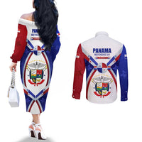 Panama Independence Day Couples Matching Off The Shoulder Long Sleeve Dress and Long Sleeve Button Shirt with National Coat of Arms and Red Blue Star Design - Wonder Print Shop