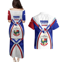 Panama Independence Day Couples Matching Puletasi and Hawaiian Shirt with National Coat of Arms and Red Blue Star Design - Wonder Print Shop