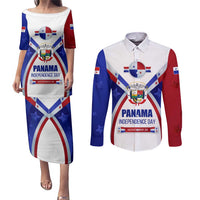 Panama Independence Day Couples Matching Puletasi and Long Sleeve Button Shirt with National Coat of Arms and Red Blue Star Design - Wonder Print Shop