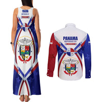 Panama Independence Day Couples Matching Tank Maxi Dress and Long Sleeve Button Shirt with National Coat of Arms and Red Blue Star Design - Wonder Print Shop