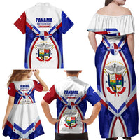 Panama Independence Day Family Matching Off Shoulder Maxi Dress and Hawaiian Shirt with National Coat of Arms and Red Blue Star Design - Wonder Print Shop