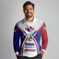 Panama Independence Day Long Sleeve Polo Shirt with National Coat of Arms and Red Blue Star Design - Wonder Print Shop