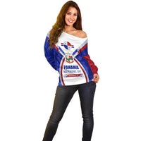 Panama Independence Day Off Shoulder Sweater with National Coat of Arms and Red Blue Star Design - Wonder Print Shop