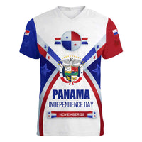 Panama Independence Day Women V-Neck T-Shirt with National Coat of Arms and Red Blue Star Design - Wonder Print Shop