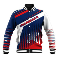 Panama Diagonal Stripe Design Baseball Jacket with Bold Red Blue Star and Flag Accents - Wonder Print Shop